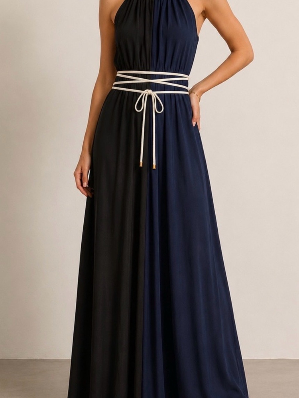 Tory Burch Navy and Black Halter Maxi Dress with Cream Rope Tie